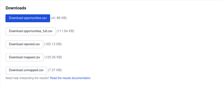 Catalogr CSV downloads for opportunities, full opportunities, rejected, mapped and unmapped exports